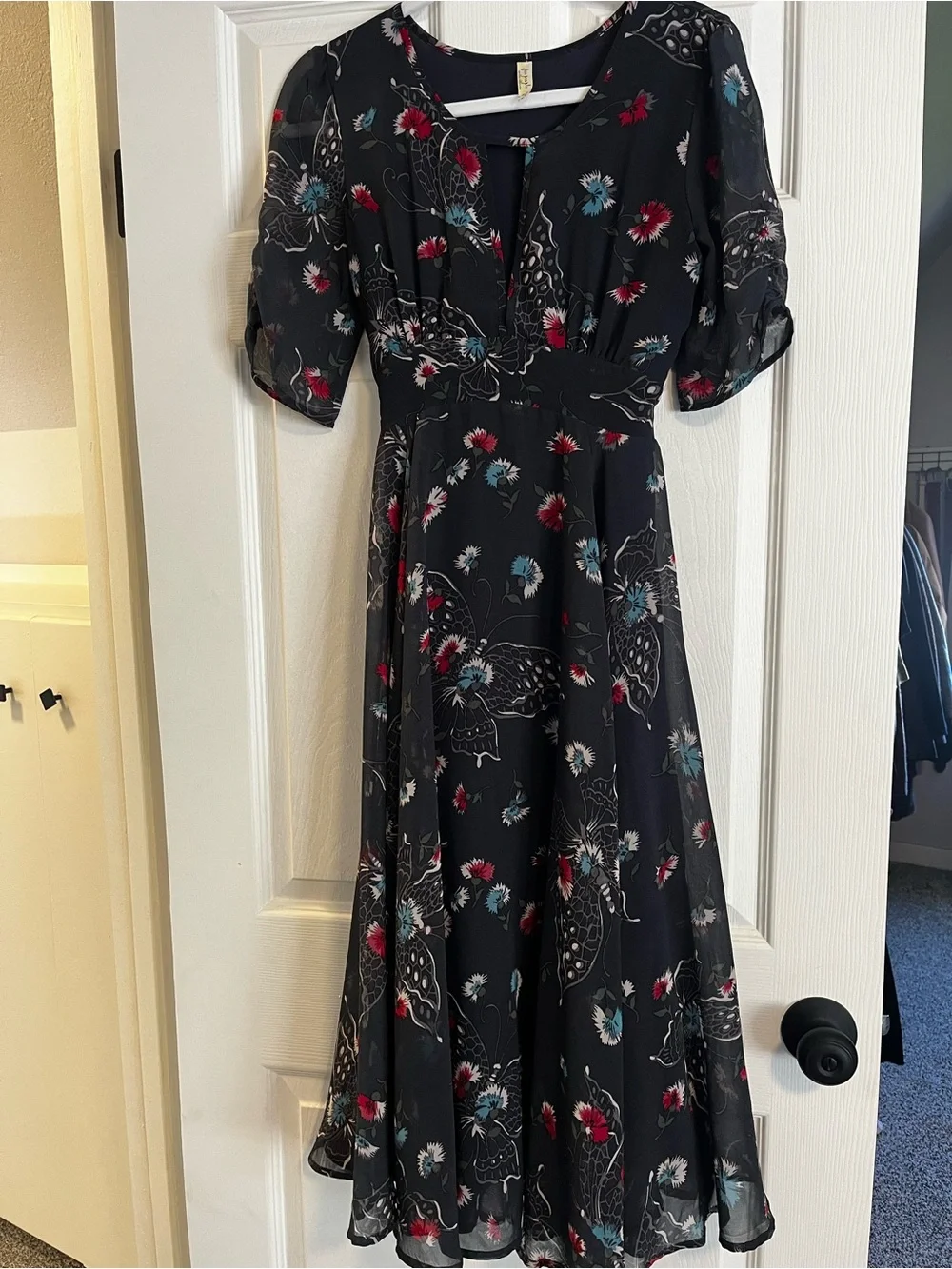 Free People Black Floral Dress with Keyhole Neck